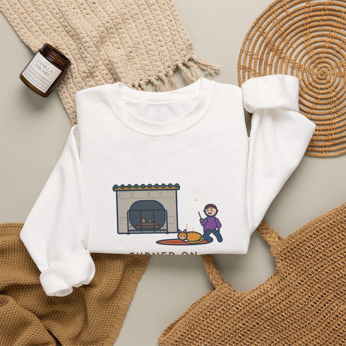 Fireplace Cat Sweatshirt, Turned On the Fireplace, The Cat Claimed the Warm Spot Before the Logs Caught, Funny Hearth Rug Crewneck