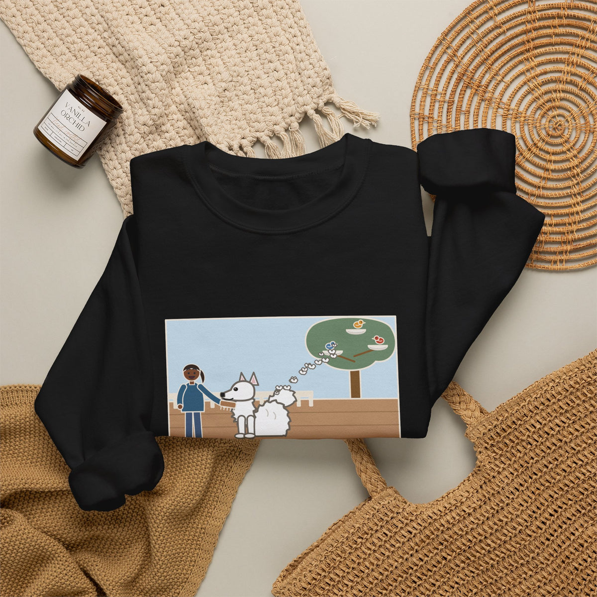 American Eskimo Dog Sweatshirt, Brushed the Eskie on the Porch, The Birds Built Three Nests from It, Funny Porch Brushing Crewneck
