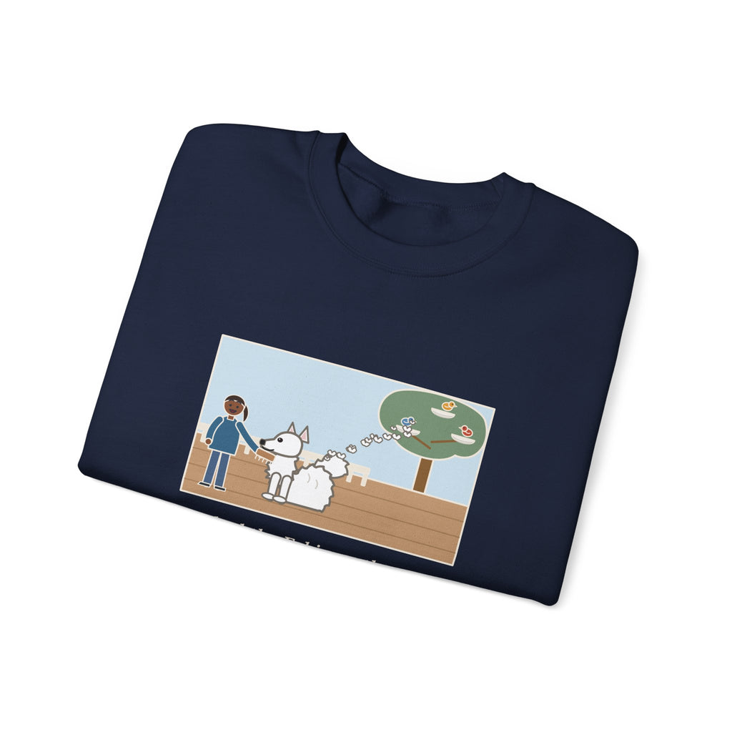 American Eskimo Dog Sweatshirt, Brushed the Eskie on the Porch, The Birds Built Three Nests from It, Funny Porch Brushing Crewneck