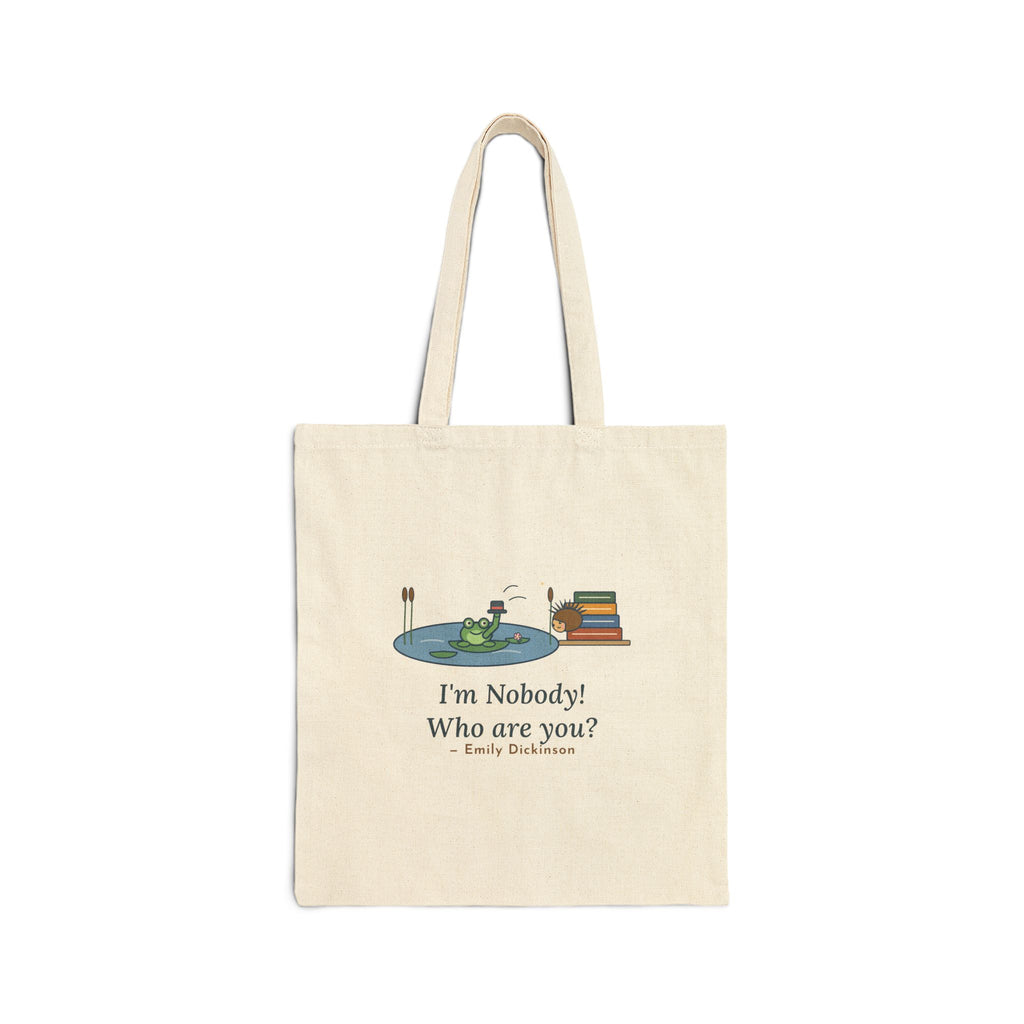 I'm Nobody Poem Tote Bag, Literary Dickinson Quote Tote with Frog and Hedgehog
