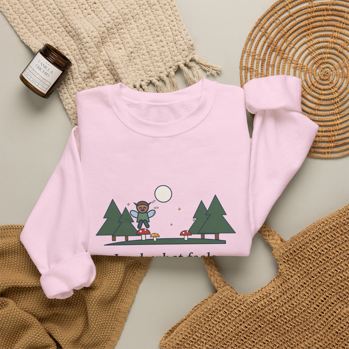 Lord, What Fools These Mortals Be Sweatshirt, Whimsical Shakespeare Humor Quote Crewneck with Mushroom Sprite