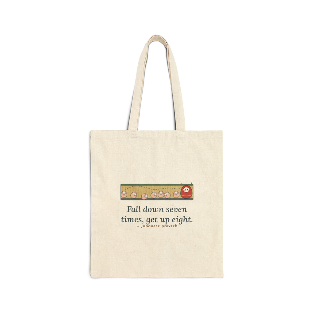 Fall Down Seven Times, Get Up Eight Tote Bag, Motivational Proverb Tote with Roly-Poly Toy