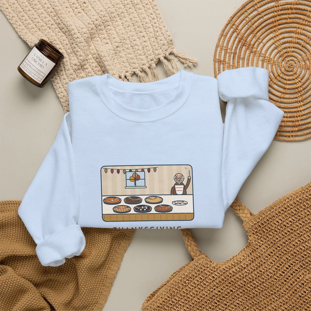 Thanksgiving Sweatshirt, Nine People, Six Pies, Grandpa Tried a Sliver of Every One Twice, Funny Pie Table Crewneck