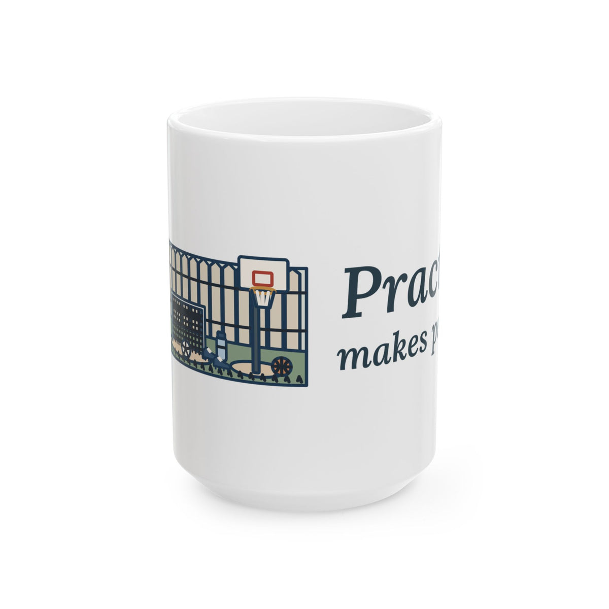 Practice Makes Perfect 15oz Mug, Large Youth Sports Coffee Mug with Backyard Practice