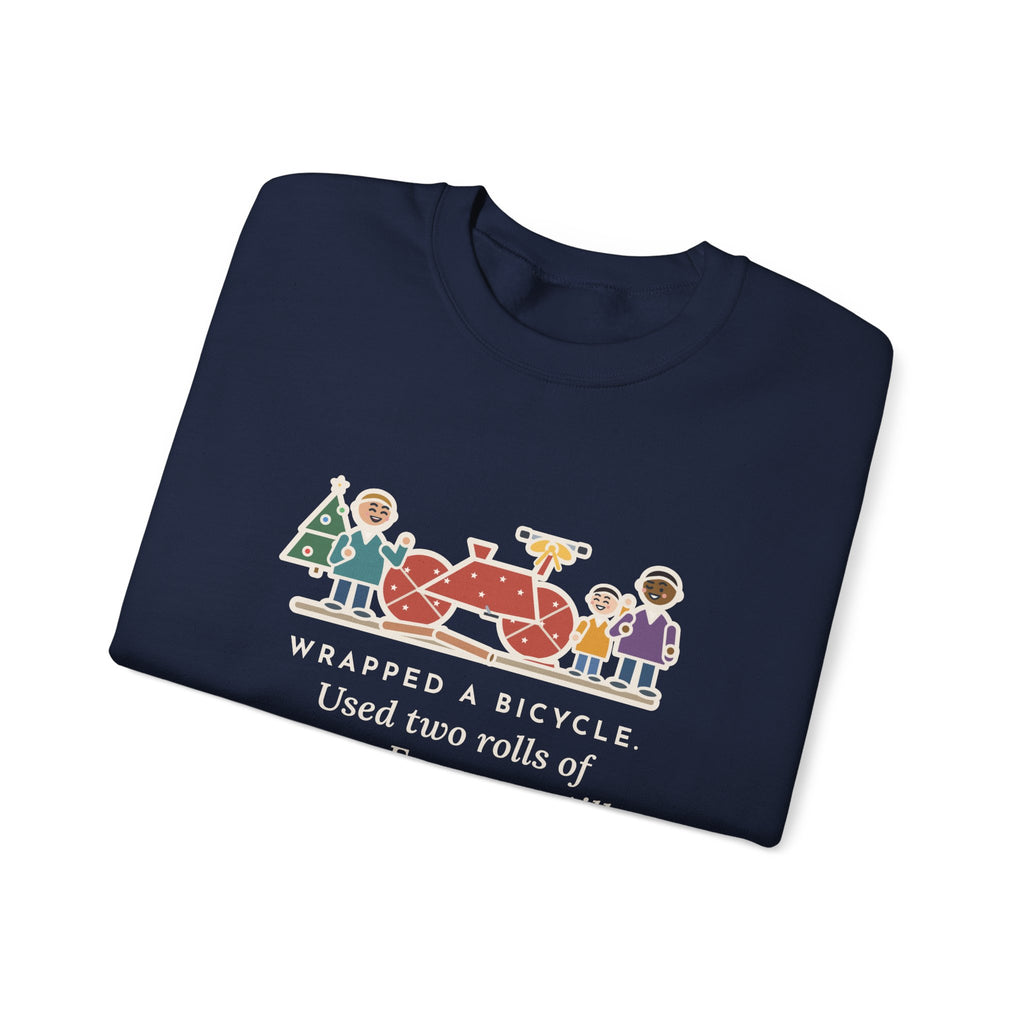 Christmas Gift Sweatshirt, Wrapped a Bicycle with Two Rolls of Paper, Everyone Still Knew, Funny Christmas Morning Crewneck