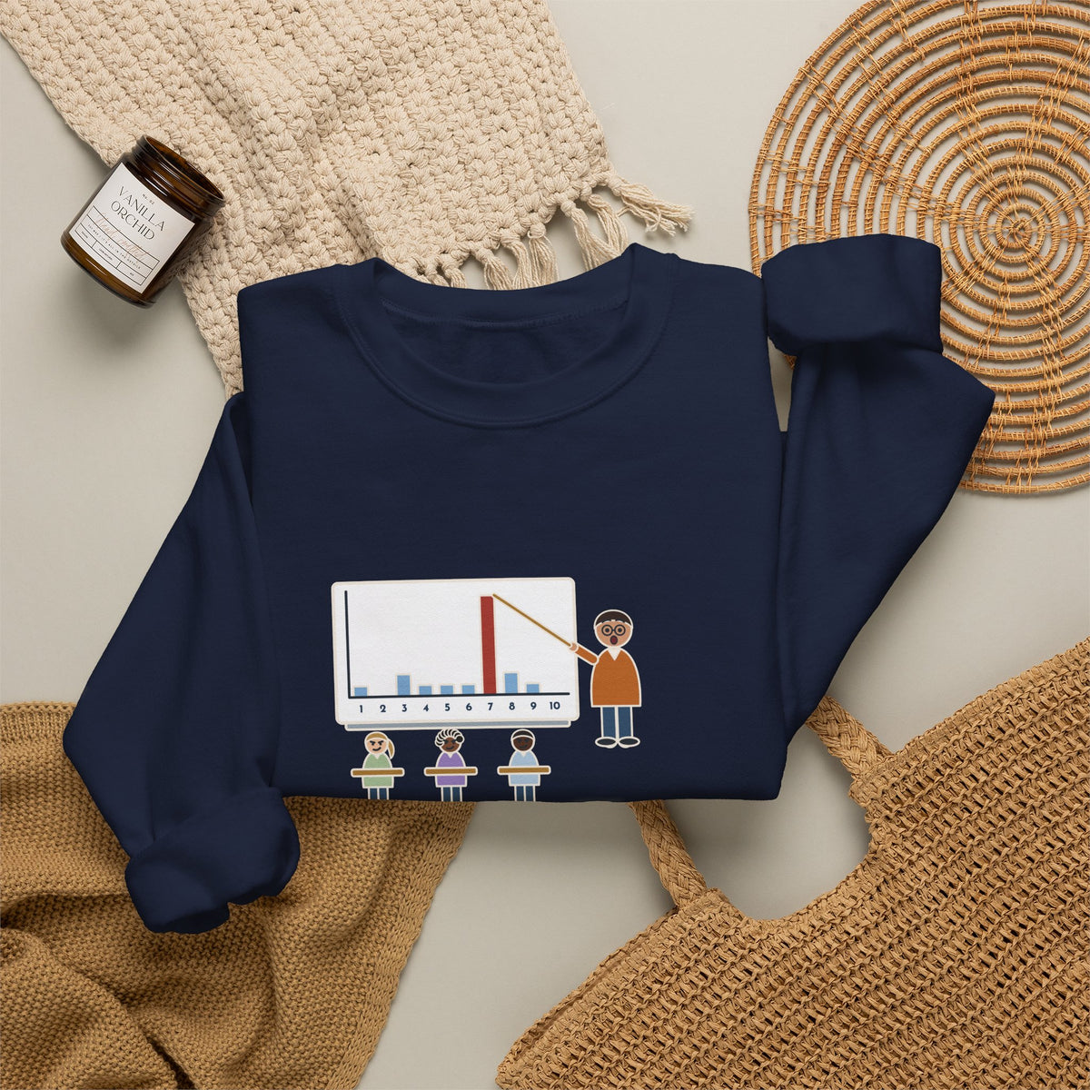 Statistics Teacher Crewneck Sweatshirt - Random Number Bar Chart Spike at Seven