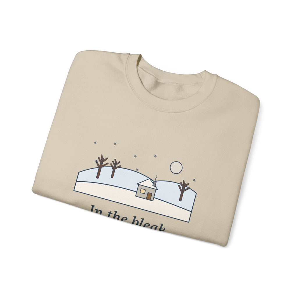 In the Bleak Mid-Winter Sweatshirt, Winter Rossetti Quote Crewneck with Snowy Cottage Hill