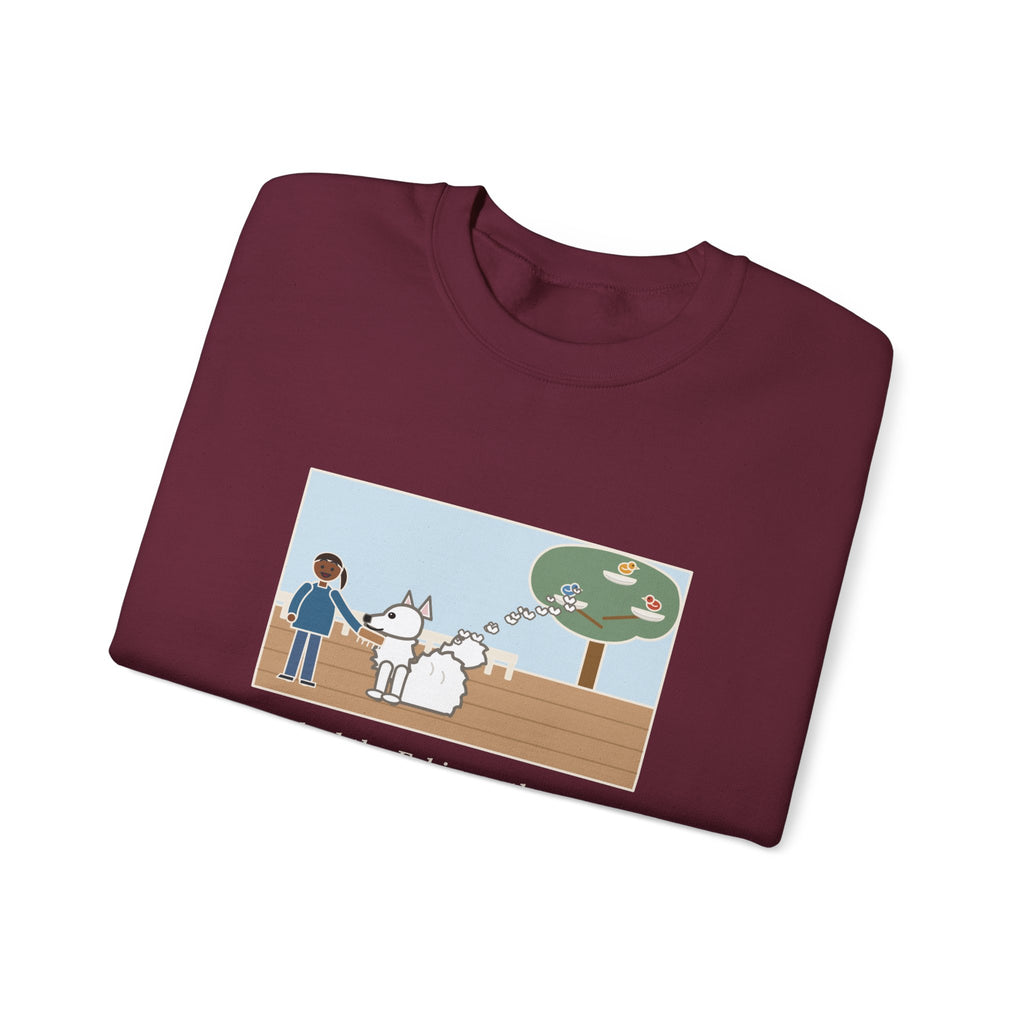 American Eskimo Dog Sweatshirt, Brushed the Eskie on the Porch, The Birds Built Three Nests from It, Funny Porch Brushing Crewneck