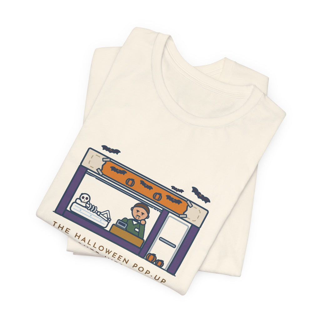 Funny Halloween T-Shirt - The Halloween Pop-Up Moved Into the Old Mattress Store, Same Guy at the Register