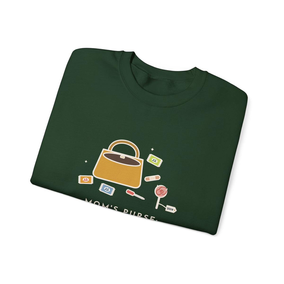 Mom Sweatshirt, Mom's Purse, Three Snacks, a Bandage, a Screwdriver and a Very Old Lollipop, Funny Purse Flat-Lay Crewneck