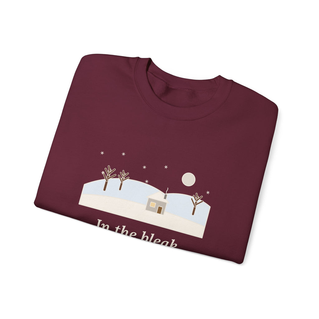 In the Bleak Mid-Winter Sweatshirt, Winter Rossetti Quote Crewneck with Snowy Cottage Hill