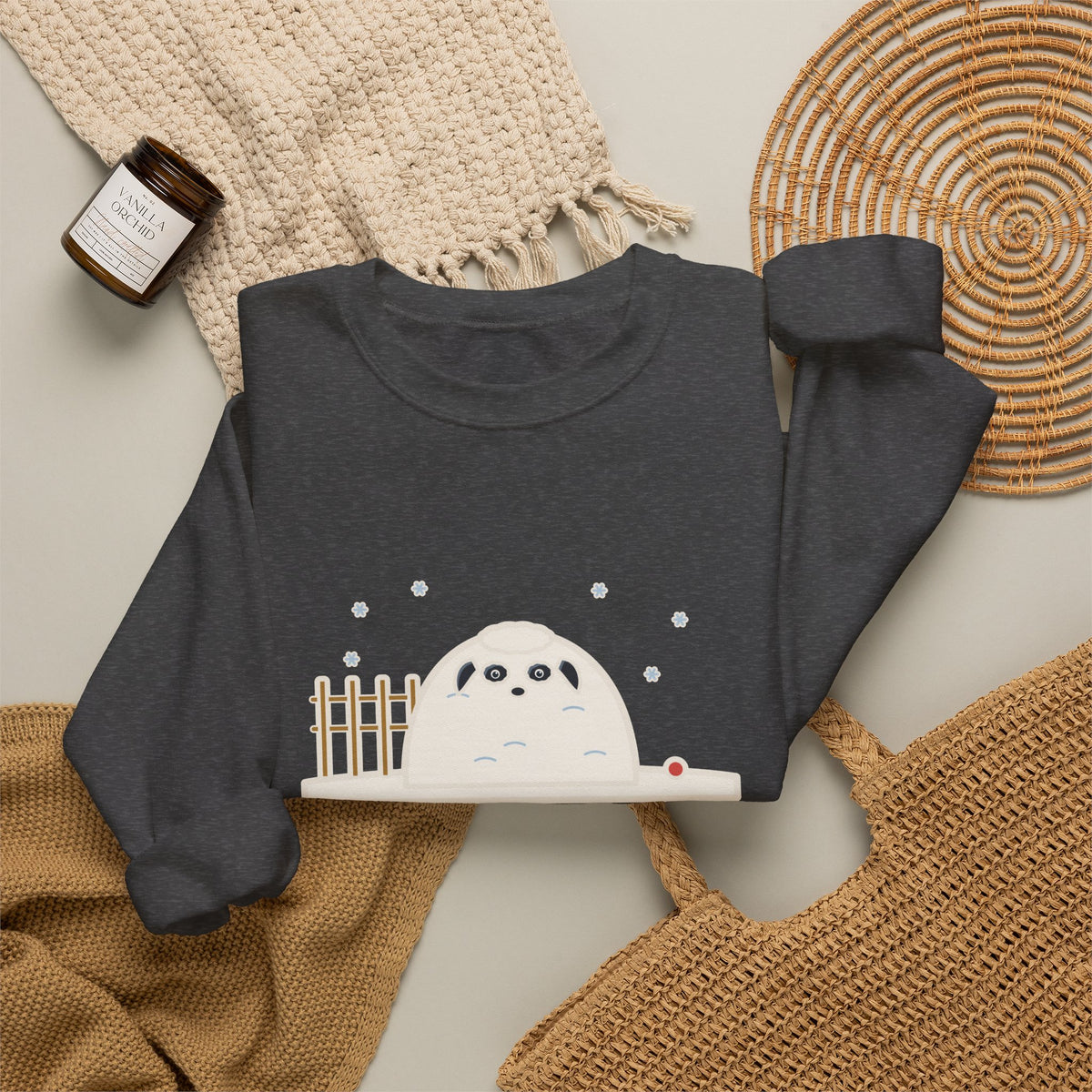 Sheepadoodle Sweatshirt, Sat Down in the Snow and Became a Snowdrift with Eyes, Funny Snowy Yard Crewneck