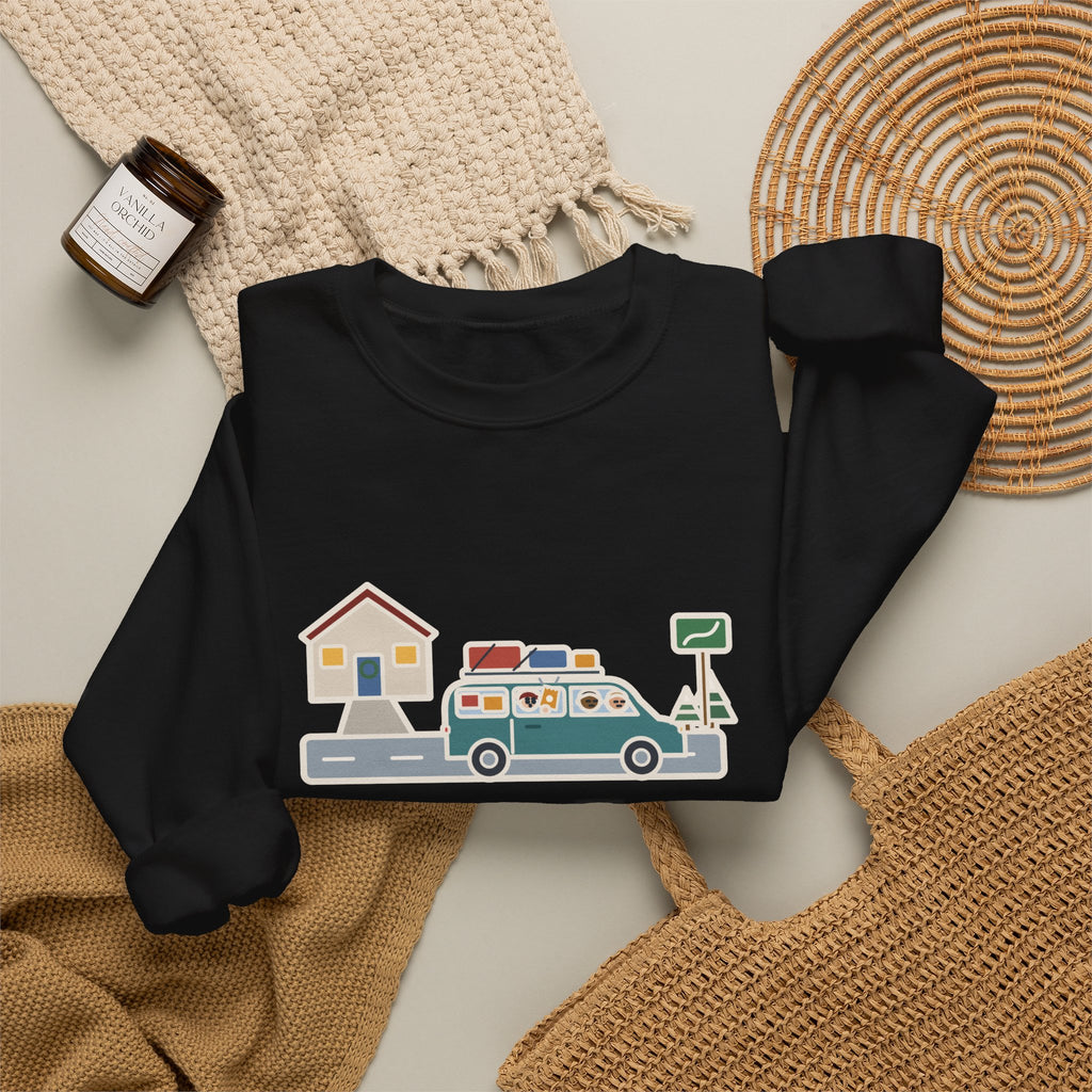 Holiday Road Trip Sweatshirt, Six-Hour Drive to Grandma's, First Snack Request at the End of Our Street, Funny Driveway Departure Crewneck