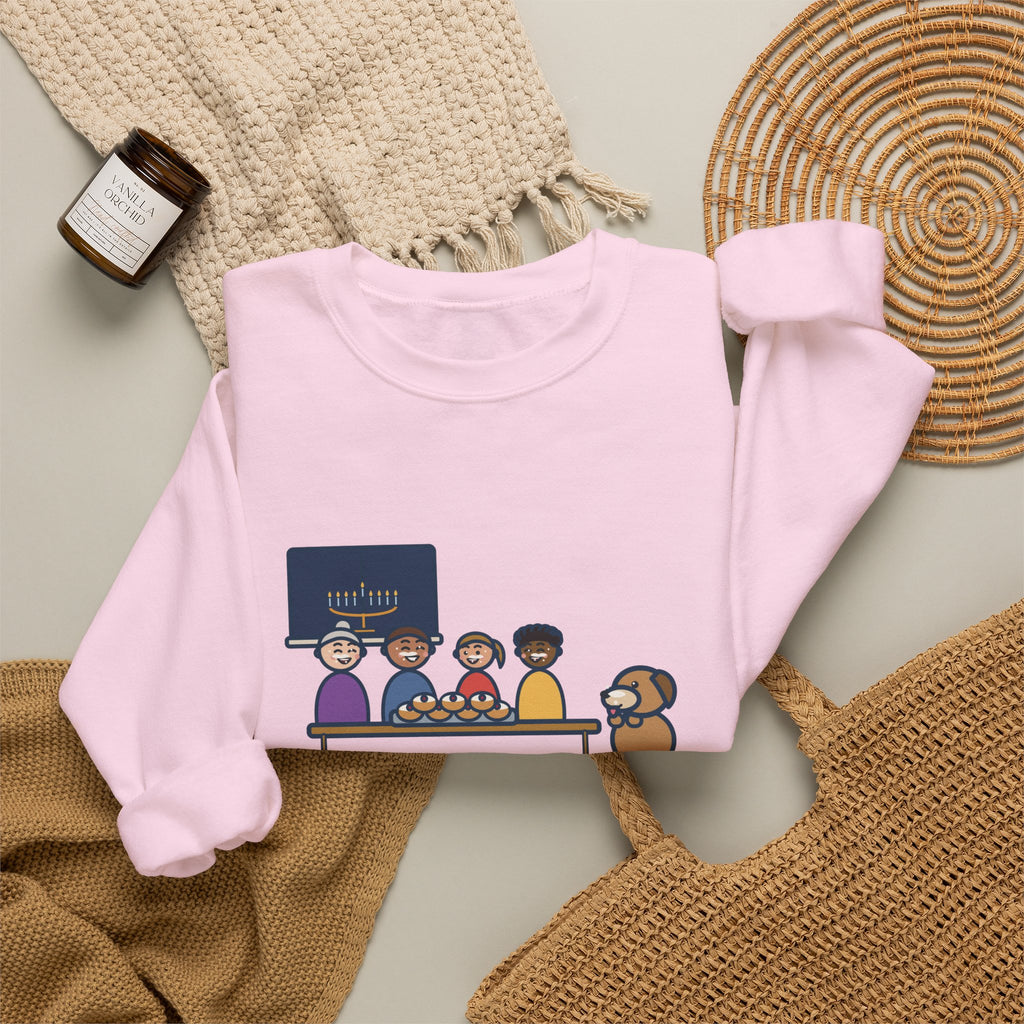 Hanukkah Sweatshirt, One Tray of Jelly Doughnuts, Powdered Sugar on Every Face, the Dog's Too, Funny Sugar Mustaches Crewneck