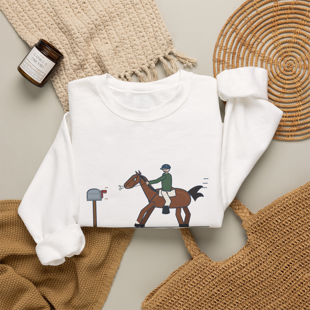 Horse Riders Crewneck Sweatshirt - Spooked at the Mailbox He Passes Daily