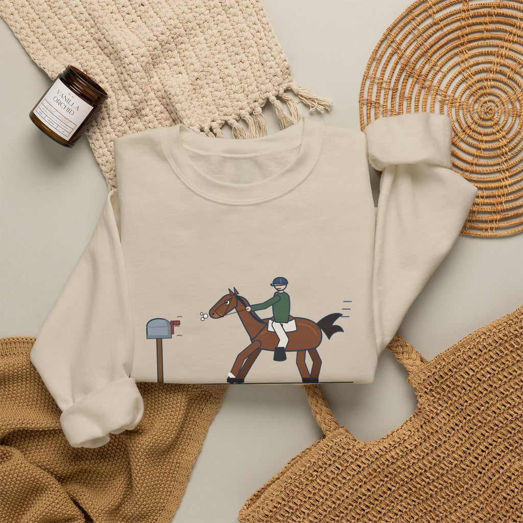 Horse Riders Crewneck Sweatshirt - Spooked at the Mailbox He Passes Daily