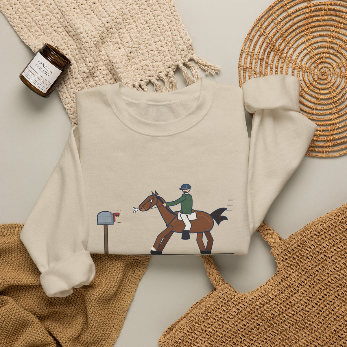 Horse Riders Crewneck Sweatshirt - Spooked at the Mailbox He Passes Daily