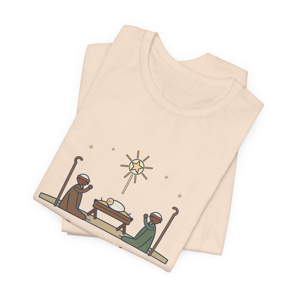 Oakeley Quote T-Shirt, O Come, Let Us Adore him, Christmas Woodcut Manger Tee