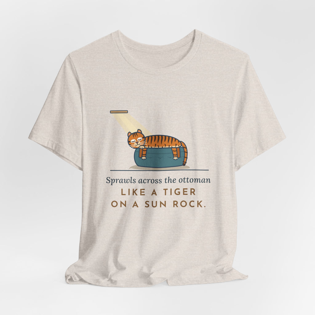 Tiger-Striped Cat T-Shirt - Sprawls Across the Ottoman Like a Tiger on a Sun Rock Striped Cat Tee