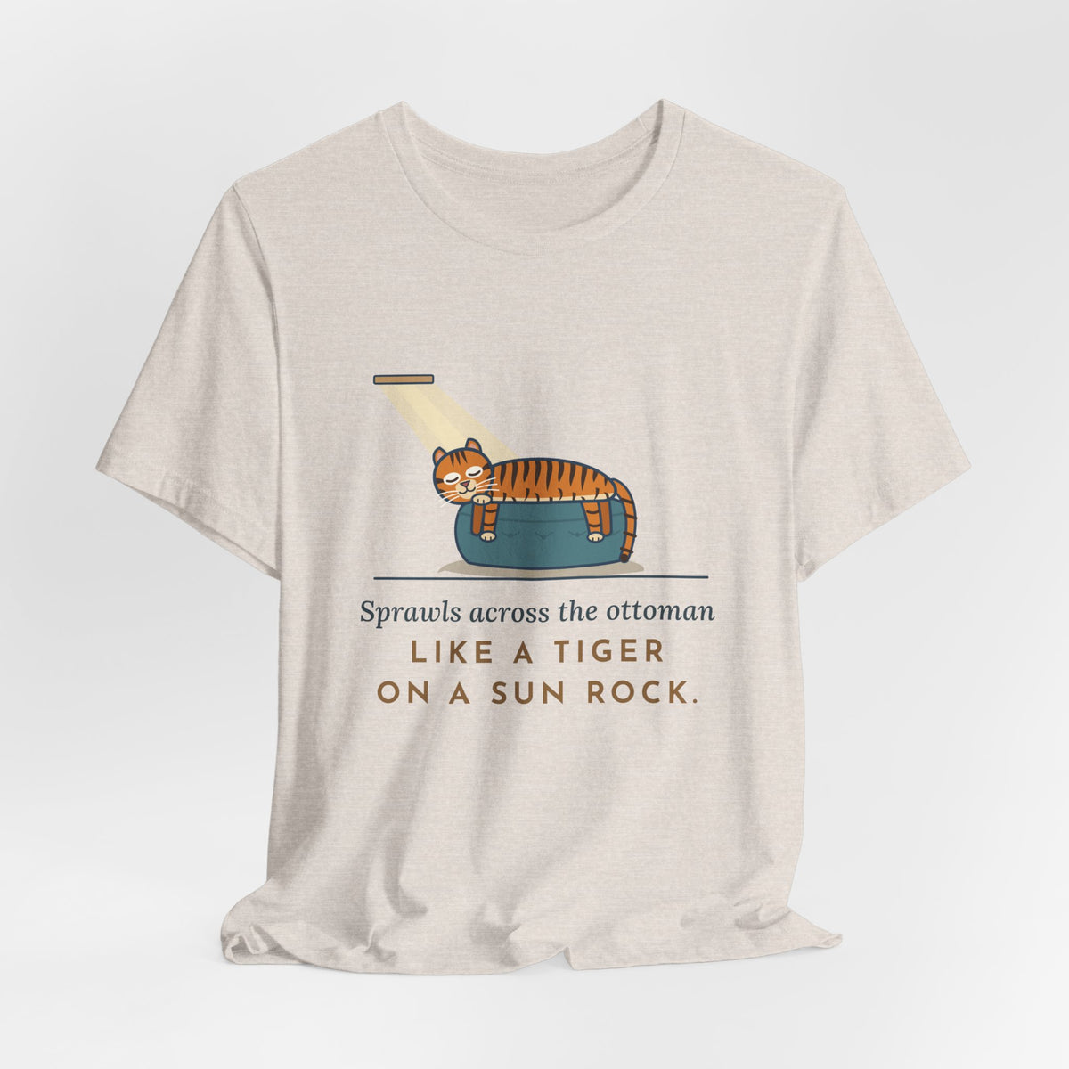 Tiger-Striped Cat T-Shirt - Sprawls Across the Ottoman Like a Tiger on a Sun Rock Striped Cat Tee