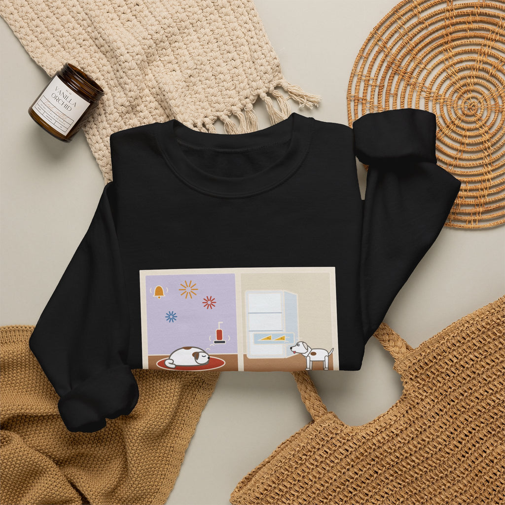 Deaf Dog Sweatshirt, Slept Through the Doorbell and Fireworks, Woke Up When the Cheese Drawer Opened, Funny Two Panels Crewneck