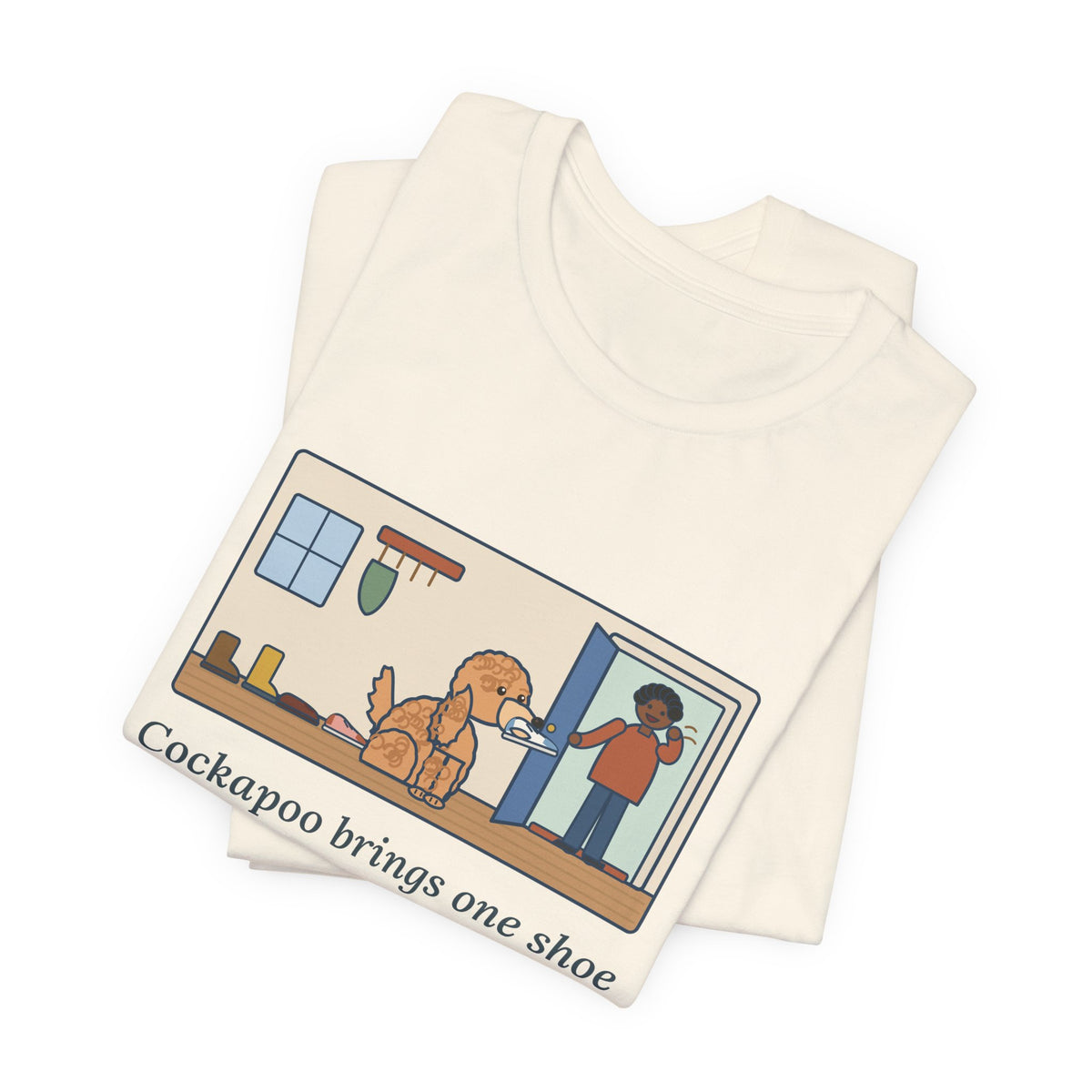 Funny Cockapoo T-Shirt, Brings One Shoe to Every Guest at the Door, Never the Pair, Front Door Greeting Tee