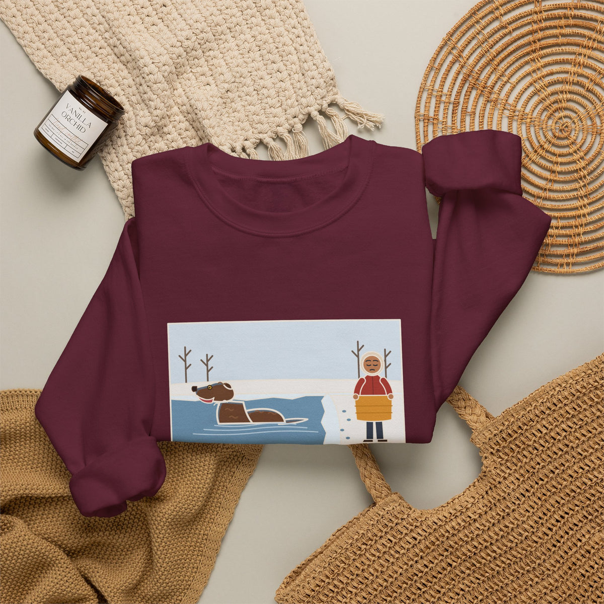 Chesapeake Bay Retriever Sweatshirt, Saw the Lake in January and Went In Anyway, Twice, Funny Winter Lake Crewneck