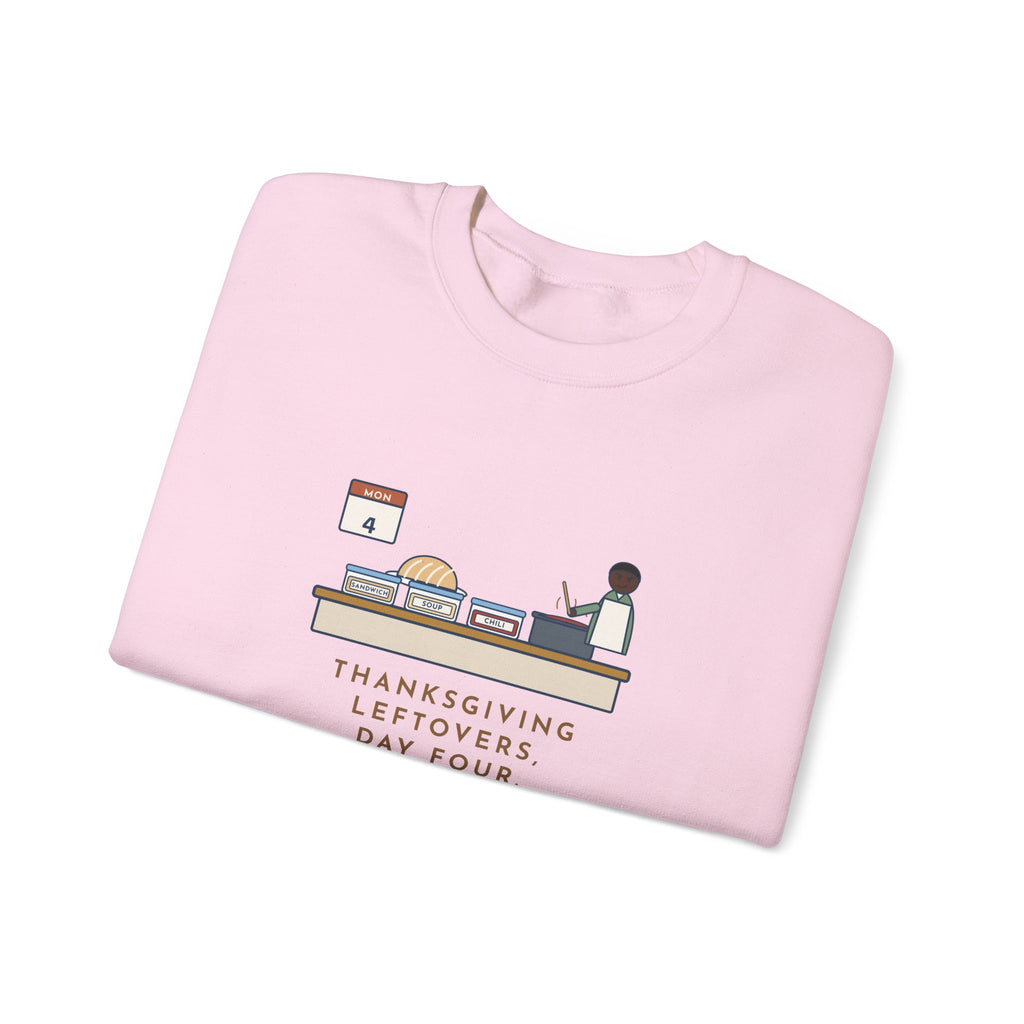 Thanksgiving Leftovers Sweatshirt, Day Four, Sandwich, Then Soup, Now Turkey Chili, Funny Leftover Plan Crewneck
