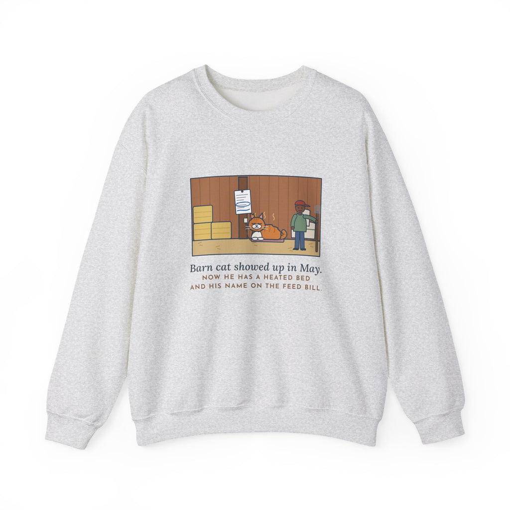 Barn Cat Sweatshirt, Showed Up in May, Now He Has a Heated Bed and His Name on the Feed Bill, Funny Barn Corner Crewneck