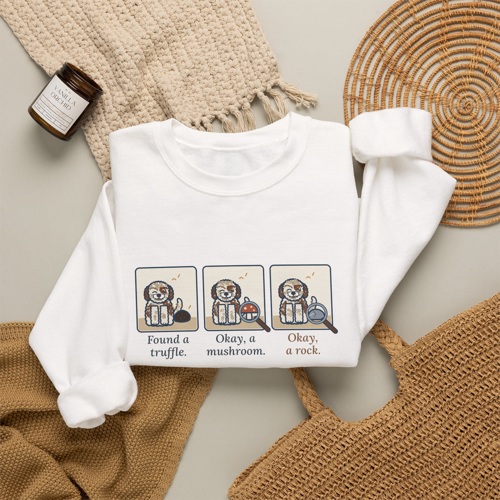 Lagotto Romagnolo Crewneck Sweatshirt - Truffle, Mushroom, Rock Three-Panel Dog Comic