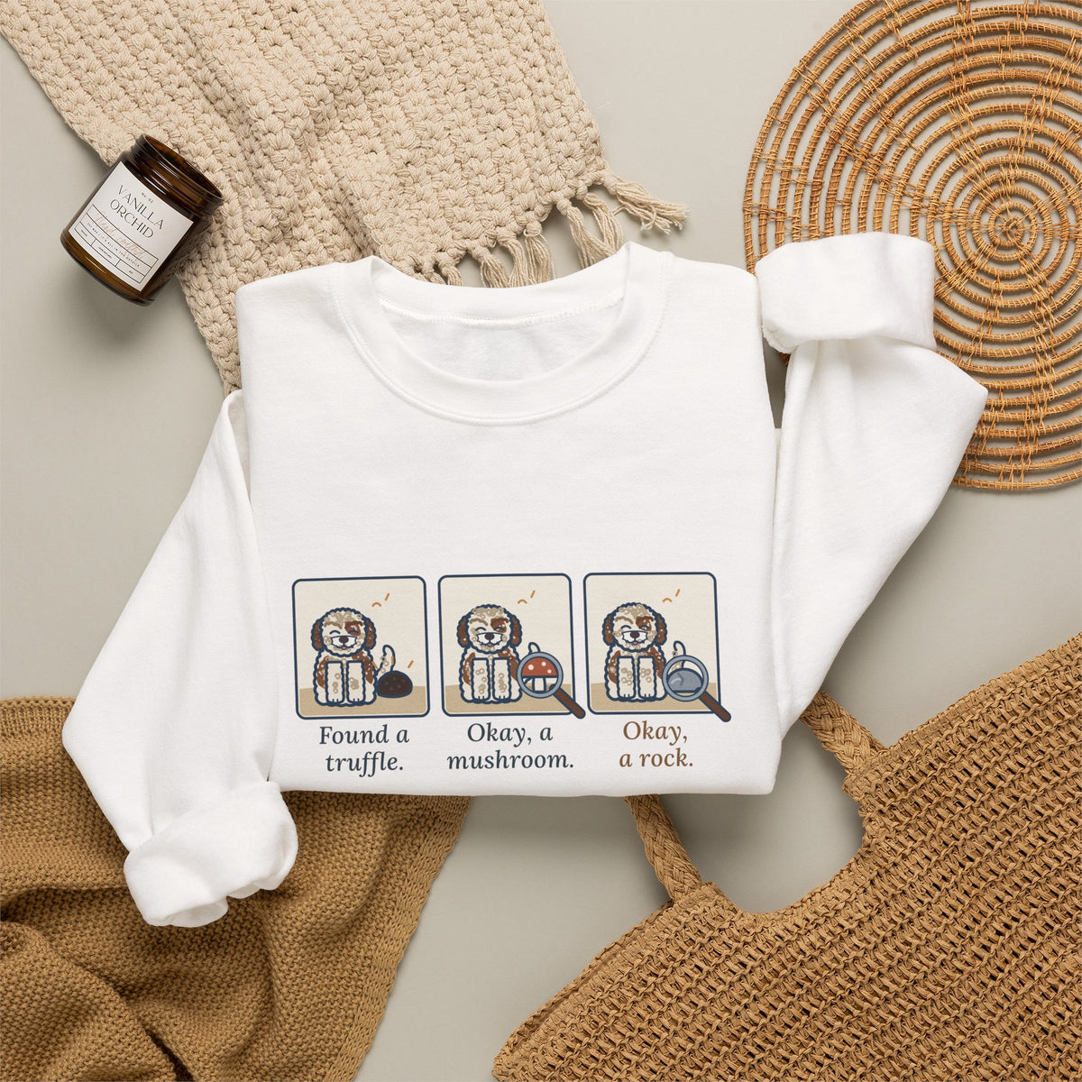 Lagotto Romagnolo Crewneck Sweatshirt - Truffle, Mushroom, Rock Three-Panel Dog Comic