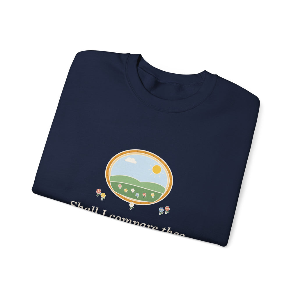 Shall I Compare Thee to a Summer's Day Sweatshirt, Love Shakespeare Quote Crewneck with Framed Meadow