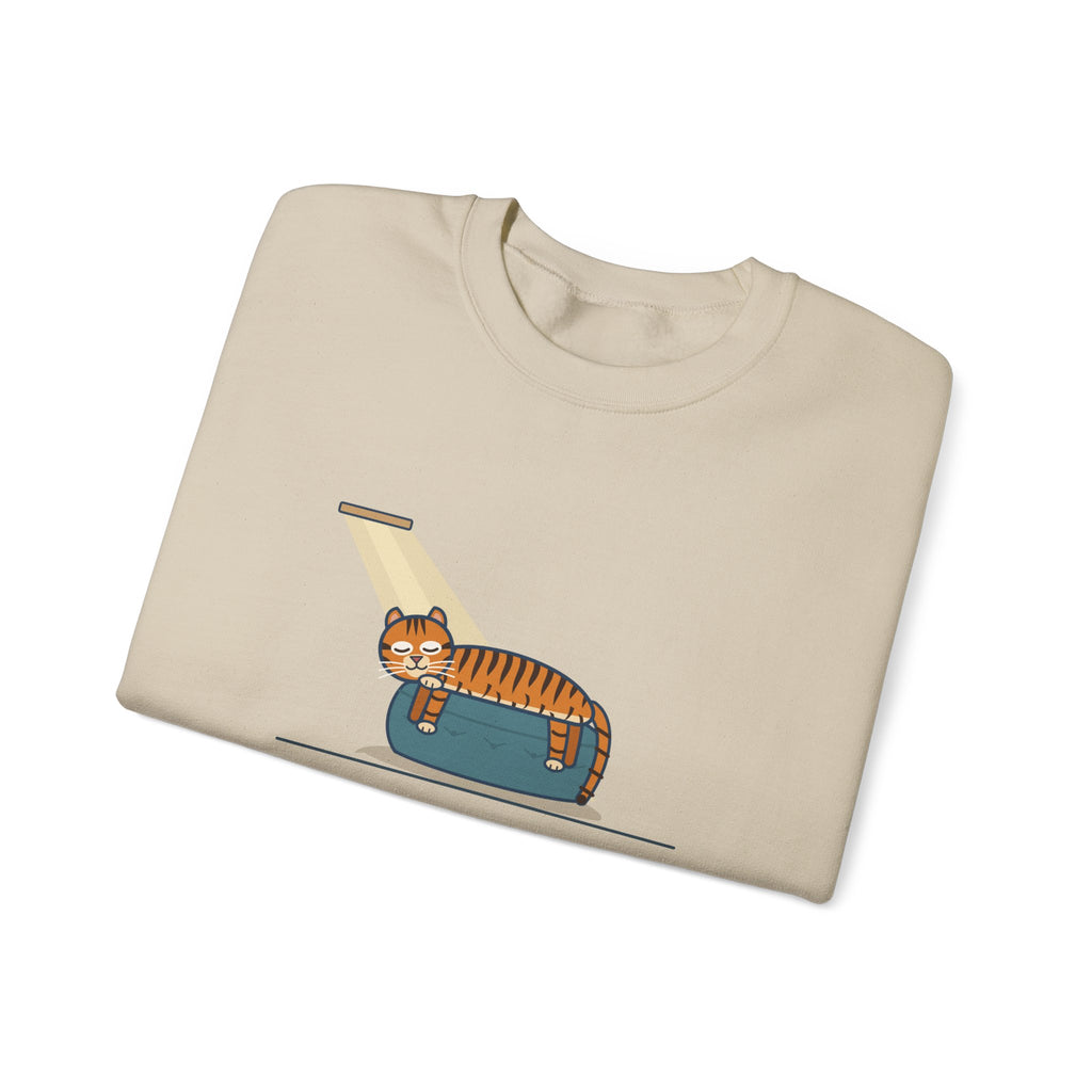 Tiger-Striped Cat Crewneck Sweatshirt - Sprawled on the Ottoman Like a Tiger on a Sun Rock Cat Gift
