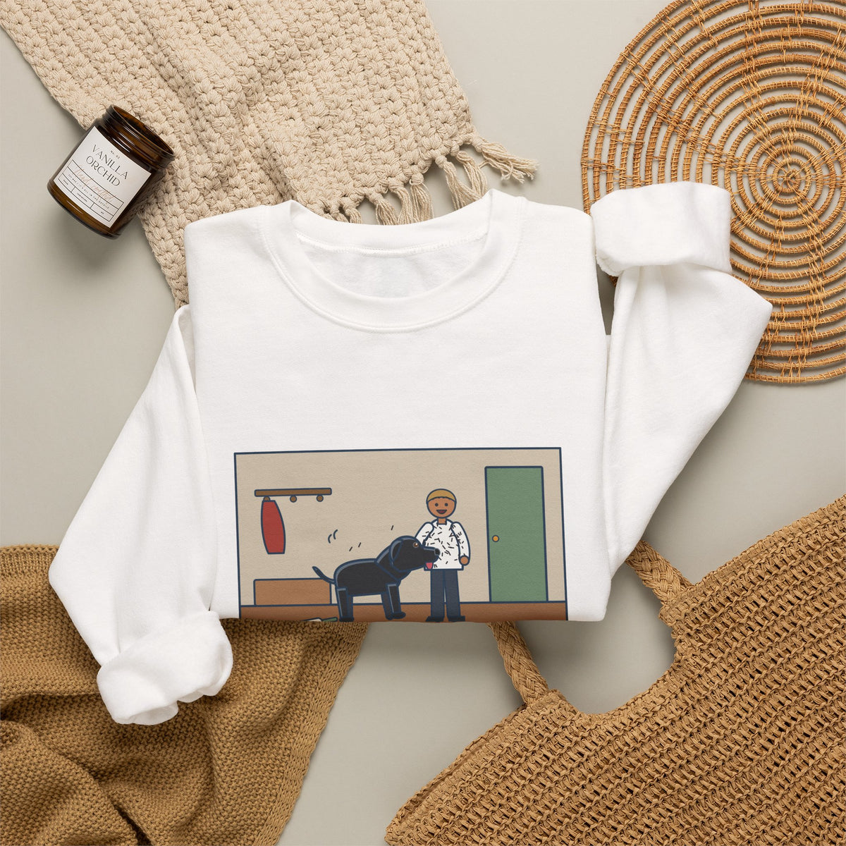 Jet-Black Dog Sweatshirt, Bought One White Sweater, Wore It for Six Minutes, Funny Front Hall Hug Crewneck
