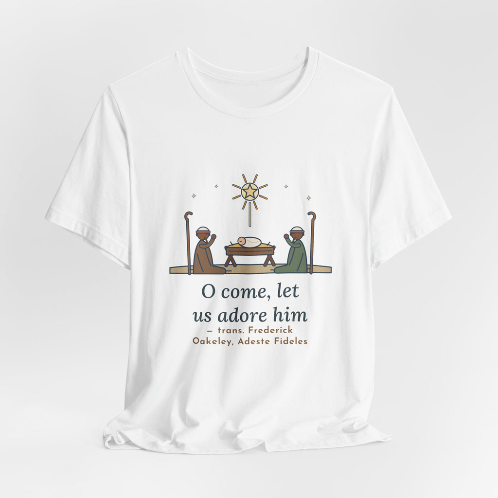 Oakeley Quote T-Shirt, O Come, Let Us Adore him, Christmas Woodcut Manger Tee
