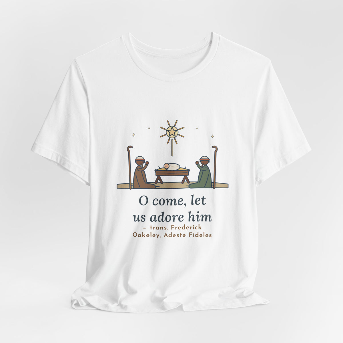 Oakeley Quote T-Shirt, O Come, Let Us Adore him, Christmas Woodcut Manger Tee