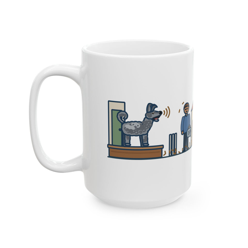 Large Pumi Mug 15oz - Porch Bark vs Leaf Blower, Funny Curly Herding Dog Mug