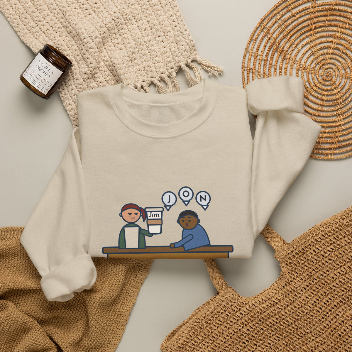 Funny Barista Crewneck Sweatshirt - He Spelled Jon for Me, Letter by Letter