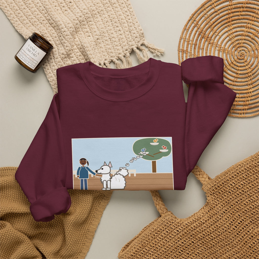 American Eskimo Dog Sweatshirt, Brushed the Eskie on the Porch, The Birds Built Three Nests from It, Funny Porch Brushing Crewneck