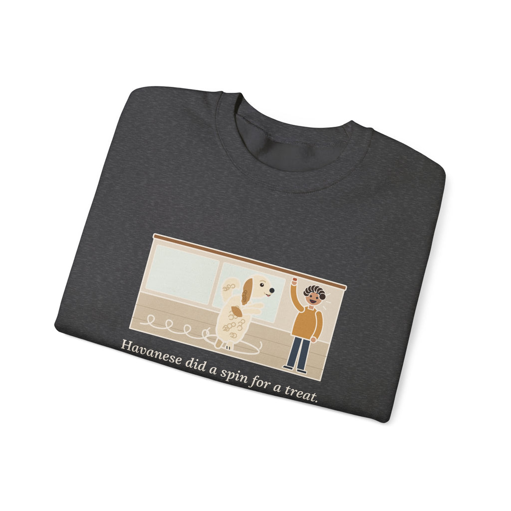 Havanese Crewneck Sweatshirt - Five Spins for One Treat Funny Dog Sweatshirt