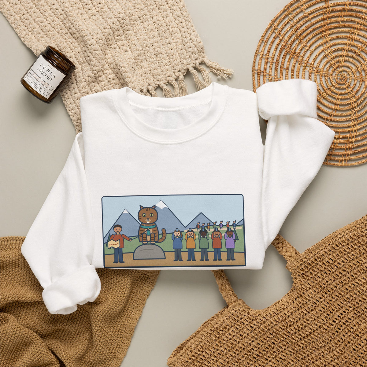 Adventure Cat Sweatshirt, Took Her Up the Trail in Her Harness, Twelve Hikers Stopped for a Photo, Funny Trail Day Crewneck