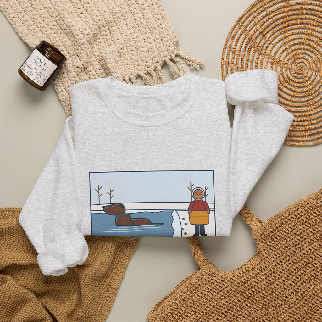 Chesapeake Bay Retriever Sweatshirt, Saw the Lake in January and Went In Anyway, Twice, Funny Winter Lake Crewneck