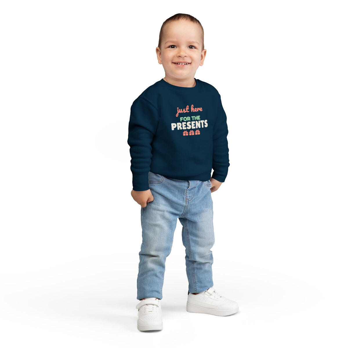 Just Here for the Presents Toddler Sweatshirt, Kids Christmas Crewneck