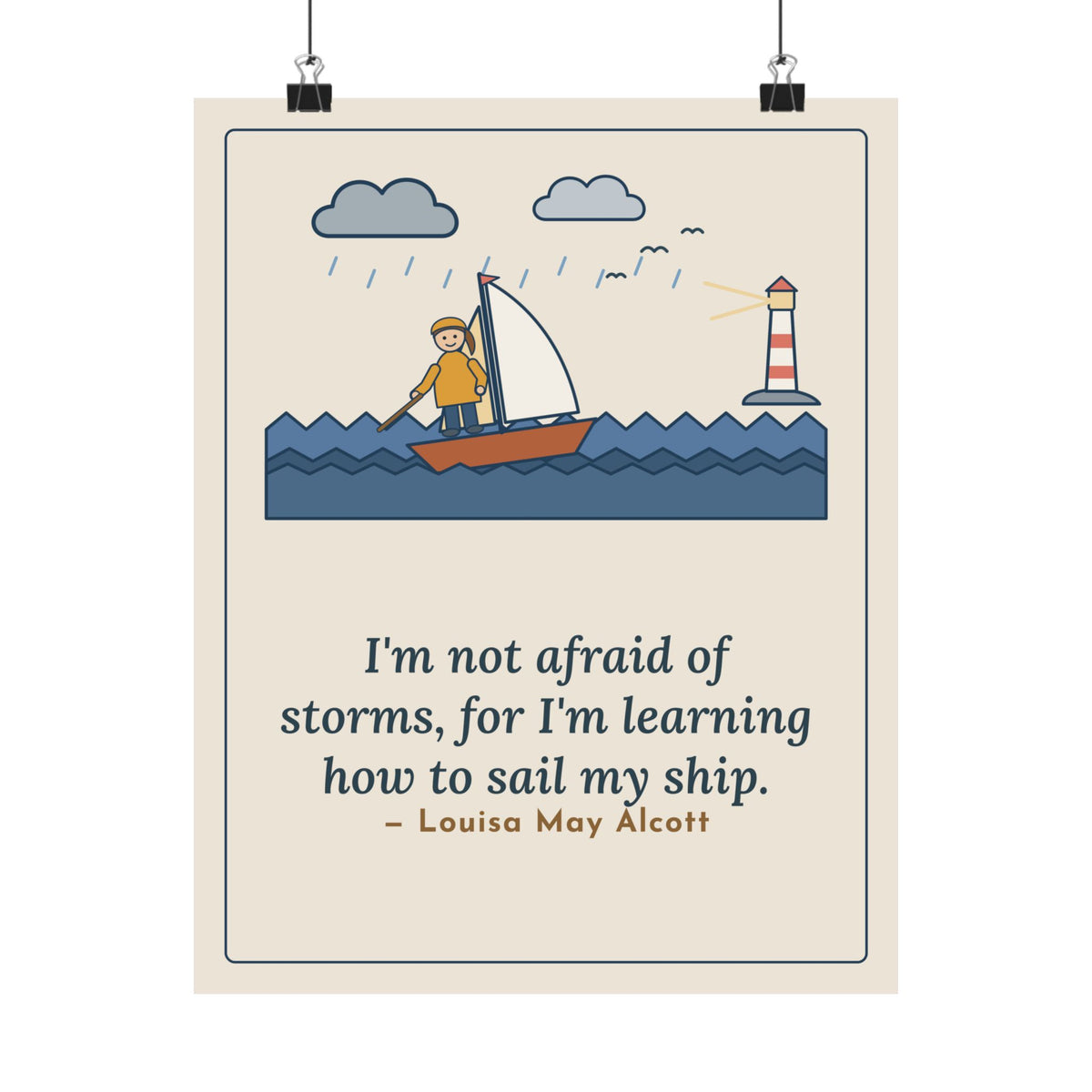 Alcott Quote Poster, I'm Not Afraid of Storms, Literary Sailboat Girl Wall Art