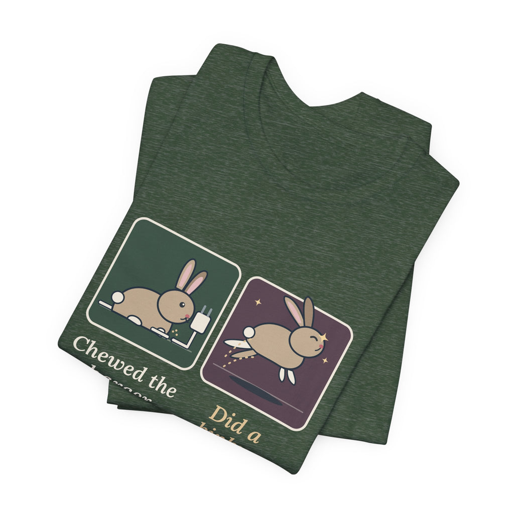 Pet Rabbits T-Shirt - Chewed the Charger. Did a Binky. Funny Bunny Owner Tee