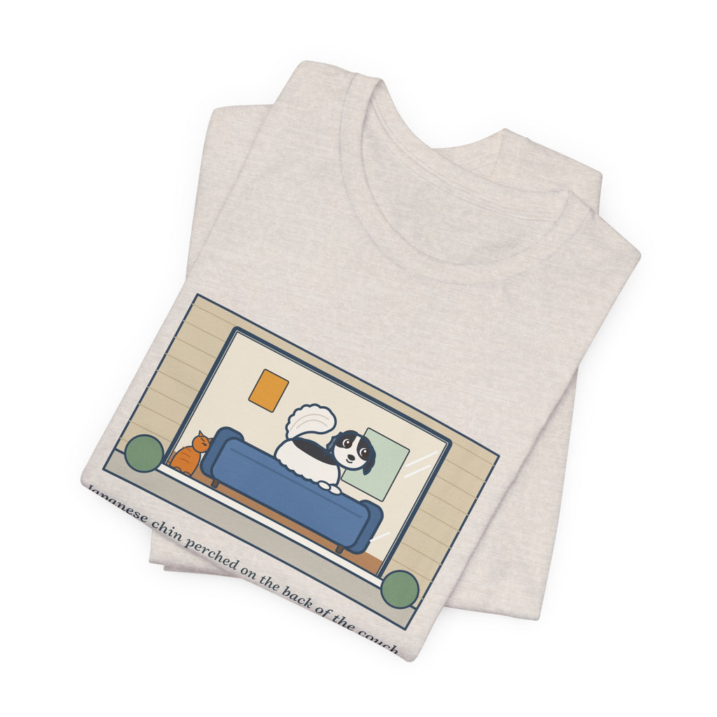 Funny Japanese Chin T-Shirt, Perched on the Back of the Couch Like a Cat, Watching the Street, Window Lookout Tee