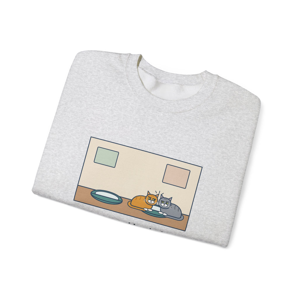 Two Cats Sweatshirt, Two Identical Beds, Both Cram into the Same One and Glare, Funny Bed Standoff Crewneck