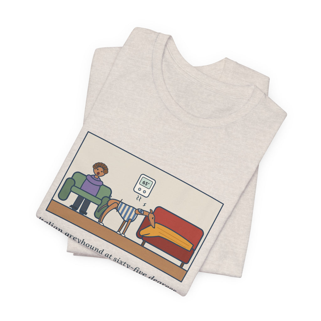 Funny Italian Greyhound T-Shirt, At Sixty-Five Degrees, Wore a Sweater and Asked for the Blanket, Sweater Weather Tee