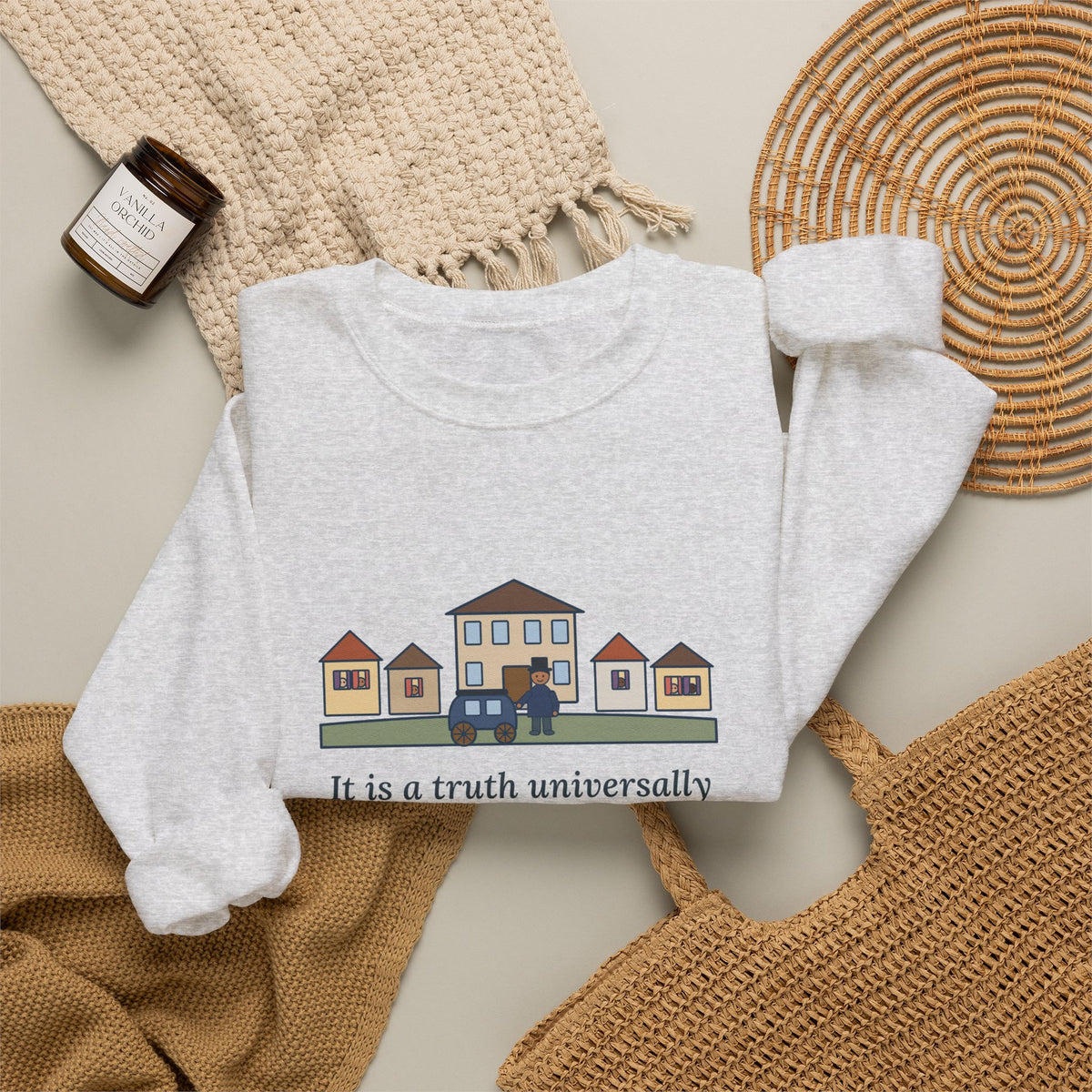 It Is a Truth Universally Acknowledged Sweatshirt, Literary Jane Austen Quote Crewneck with Village Street