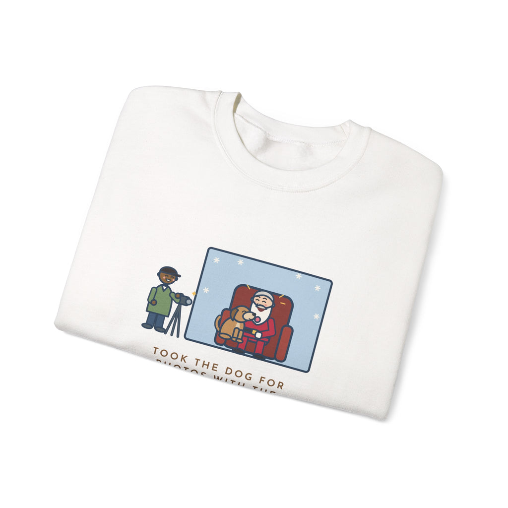 Holiday Photo Sweatshirt, Took the Dog for Photos with the Man in the Red Suit, He Licked the Beard, Funny Photo Set Crewneck